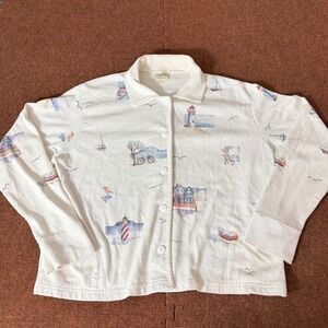 Artisans Nautical Lighthouse Waffle Knit Button Front Shirt Womens White L C+